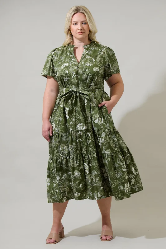 End Of Month Blowout Hazleton Floral Britt Poplin Tiered Midi Dress Curve