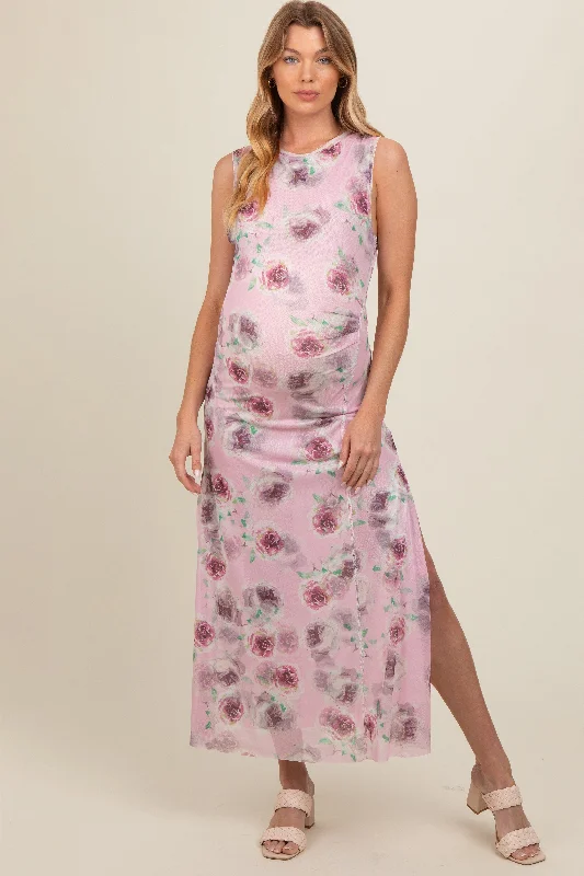 Disco - Inspired Retro Dance Look Lavender Rose Print Ruched Mesh Maternity Dress