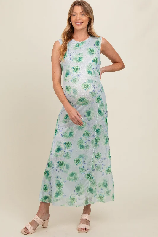 Exquisite Craftsmanship Light Blue Rose Print Ruched Mesh Maternity Dress