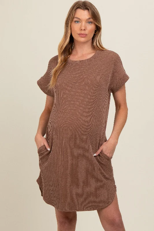 Women's Urban Fashion Mocha Ribbed Round Hem Maternity Dress