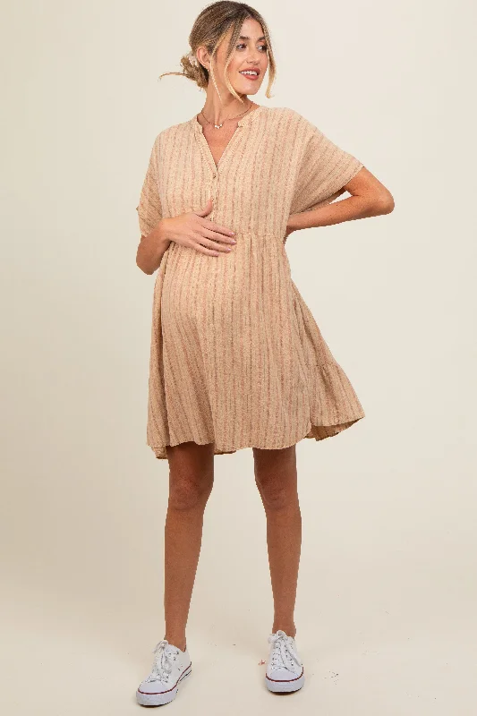 Style Revolution Mocha Striped Button Front Maternity Dress