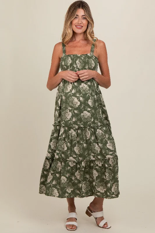 Bold Patterns Olive Floral Square Neck Smocked Maternity Midi Dress