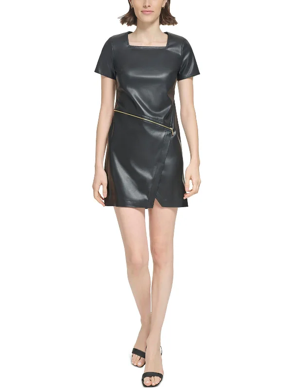 Eclectic Style Wardrobe Petites Womens Faux Leather Short Sheath Dress