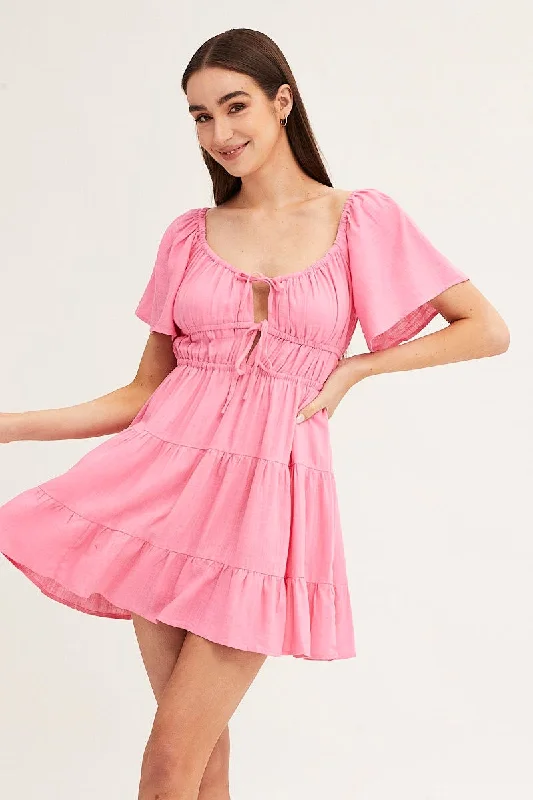 Chic Outfits Pink Round Neck Short Sleeve Linen Blend Skater Dress