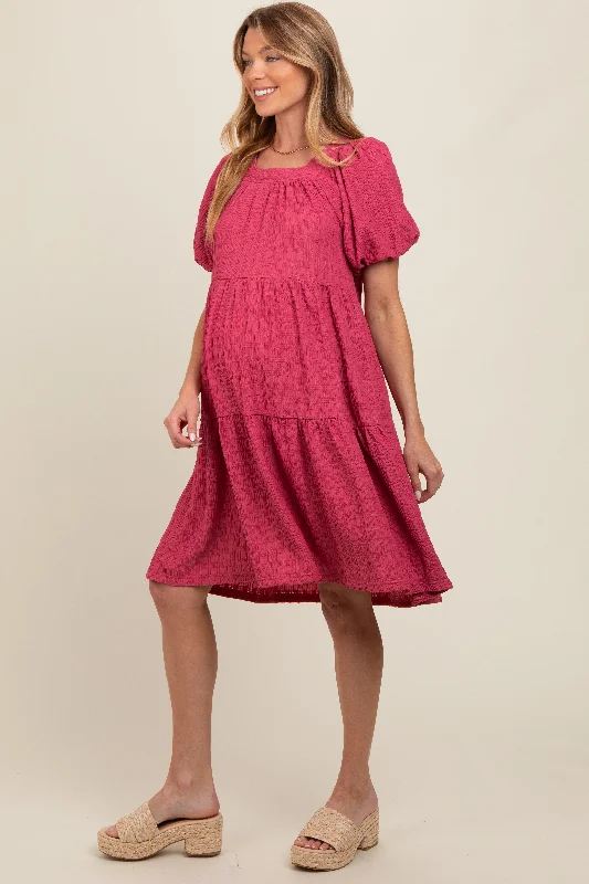 Timeless Elegant Pink Textured Tiered Puff Sleeve Maternity Dress