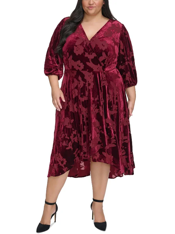 Cutting Edge Fashion Plus Womens Velvet Mid Calf Wrap Dress