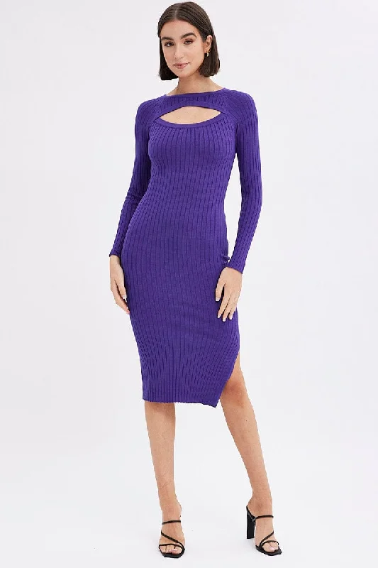 Effortless Style, Endless Impact Purple Midi Dress Long Sleeve Round Neck Keyhole Rib Knit