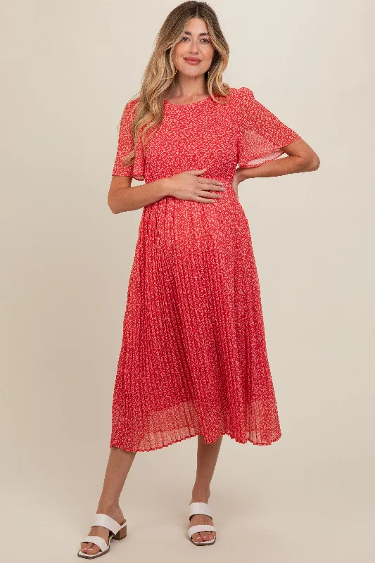 Wardrobe Essentials Red Floral Pleated Maternity Midi Dress