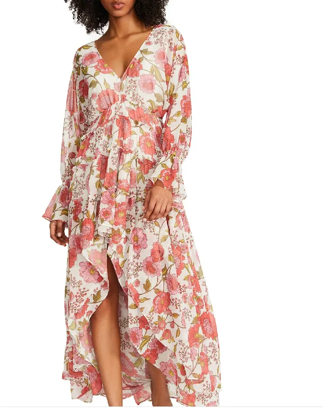 Huge Markdowns Sol Floral Long Sleeve High-Low Maxi Dress in Vintage Rose