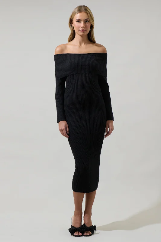 Budget Friendly Fashion Vonnie Off the Shoulder Midi Sweater Dress