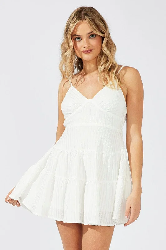 Limited Stock, Big Discounts White Fit And Flare Dress Mini Textured Fabric