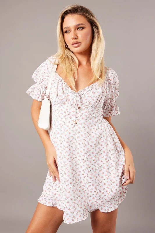 Sustainable Fashion Extravaganza White Floral Fit And Flare Dress Puff Sleeve