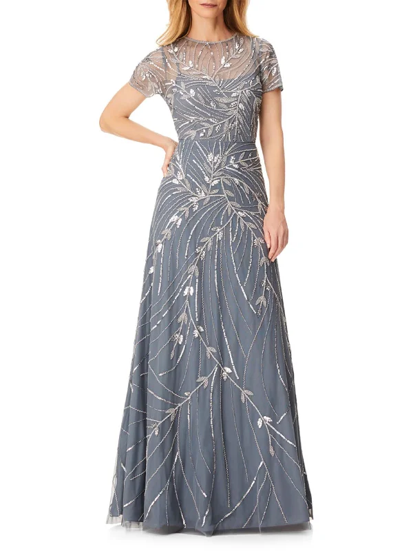 Flowy Fabric Womens Beaded Full Length Evening Dress