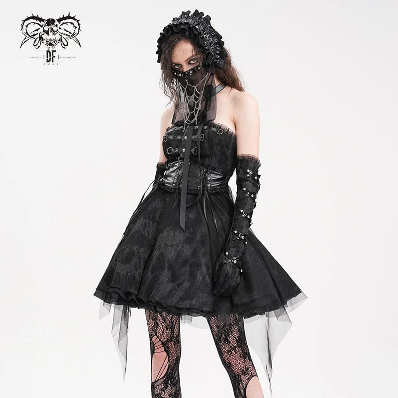 Sale Event, Prices Rock Women's Gothic Buckle-up Halter Mesh Short Dress