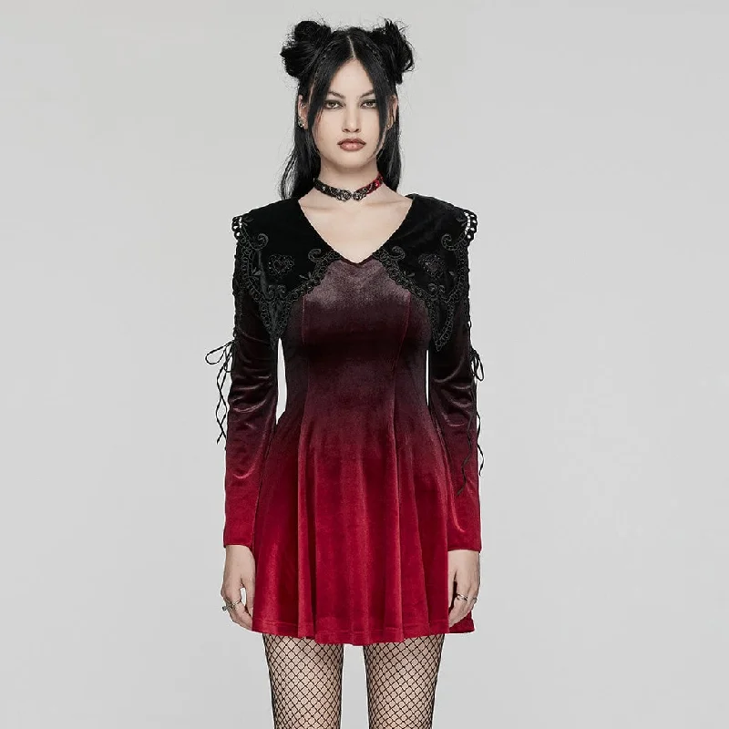 Boho - Chic Festival - Ready Style Women's Gothic Doll Collar Gradient Velvet Prom Dress Red