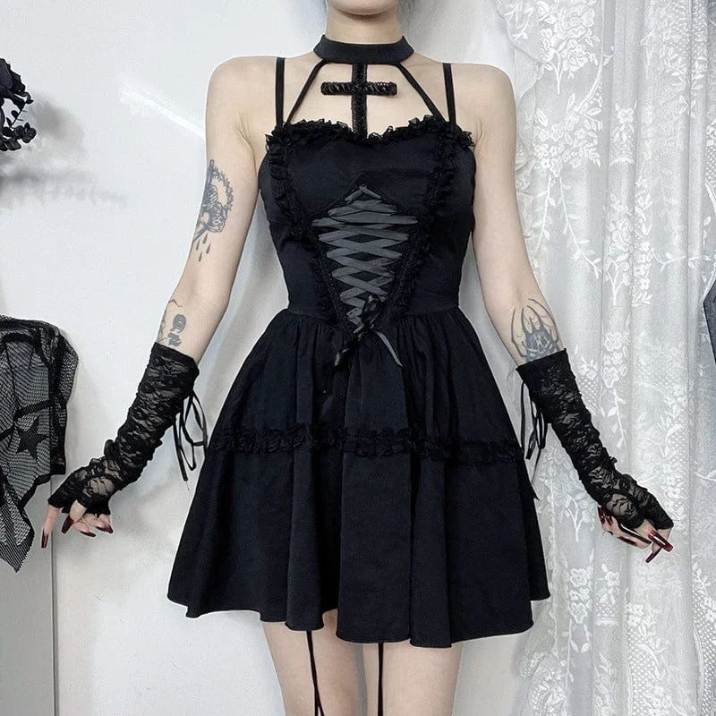 Exclusive Discount Women's Gothic Lace-up Cut-out Halter Slip Short Dress