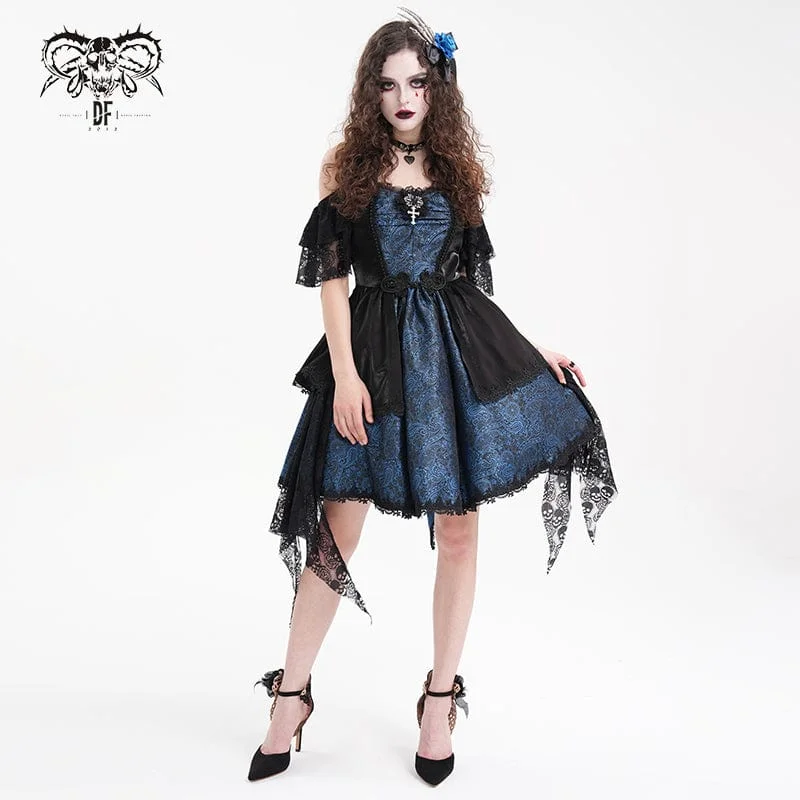 Chic And Edgy Women's Gothic Lace-up Halter Lace Irregular Hem Dress Blue