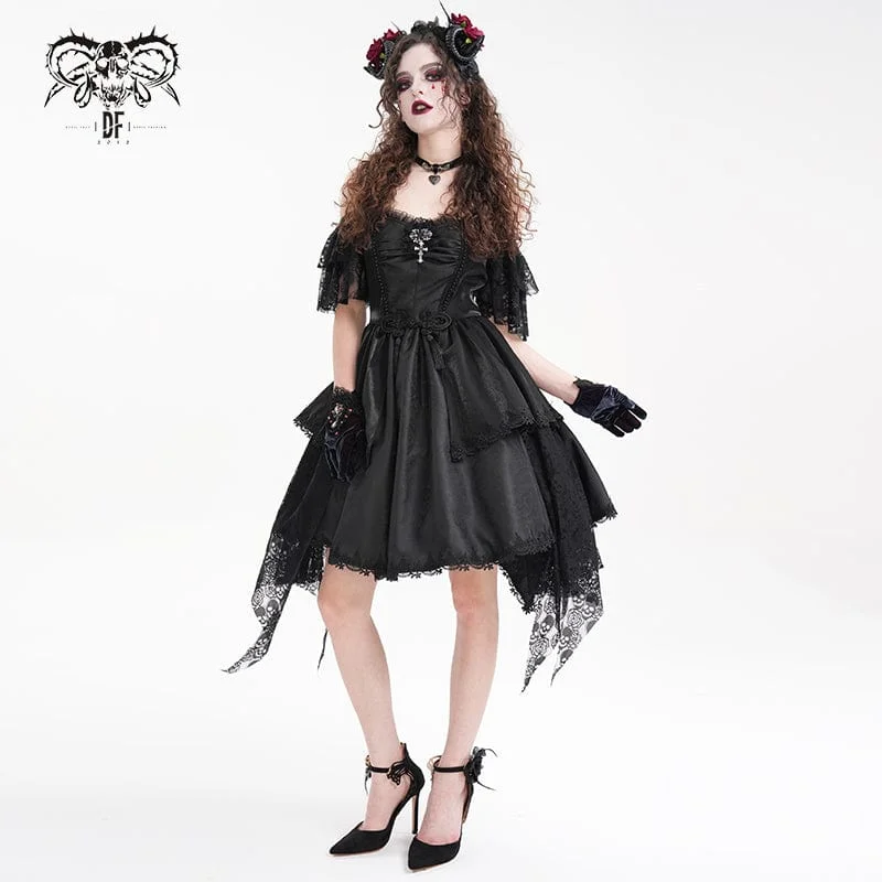 Trendy Street Style Attire Women's Gothic Lace-up Halter Lace Irregular Hem Dress