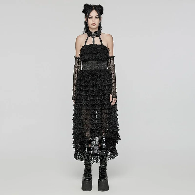 Soft Textures Women's Punk Halterneck Ruffled Lace Party Dress Black