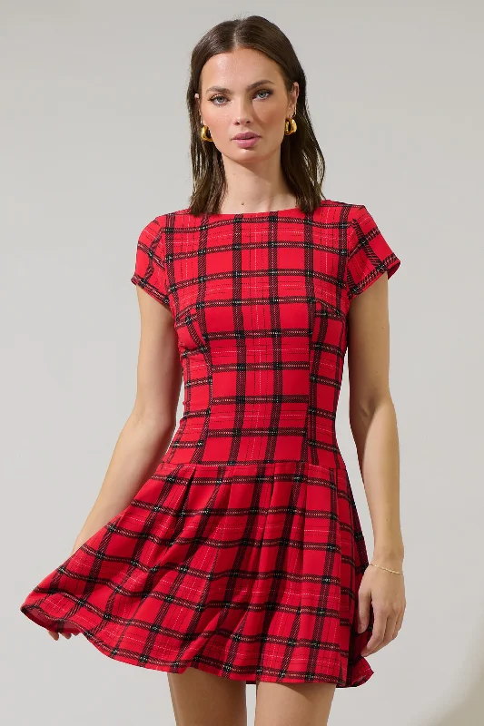 Save On Inspired Styles Woodland Red Plaid Mali Pleated Mini Dress